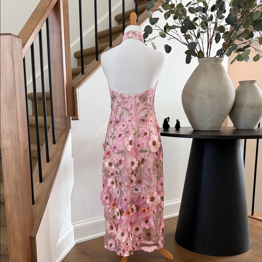 Lulus Pink Floral Embroidered Midi Dress, 3D Appliqué Halter Size: small - Picture 4 of 11